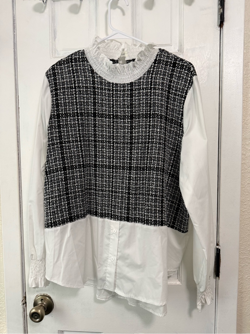 SHEIN Black & White Tweed-Layered Button Down Top